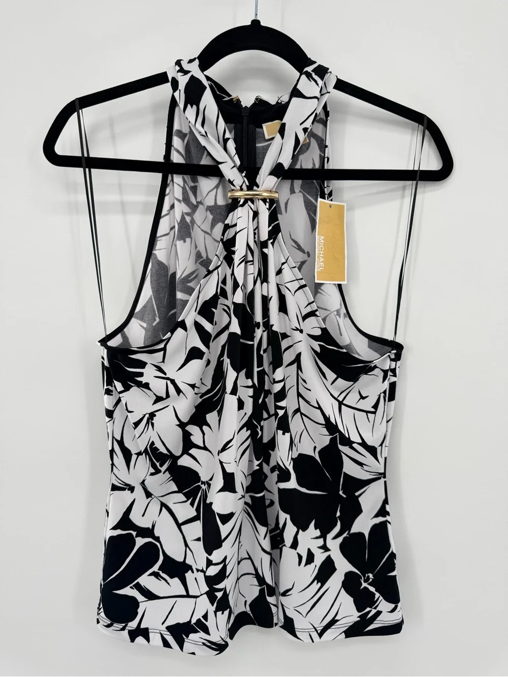 Michael Kors Black White Floral Halter Blouse Gold Hardware XL Tropical Tank Top